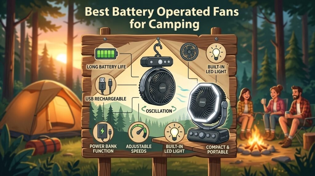 An graphic illustration titled "Best Battery Operated Fans for Camping" set against a forest campsite background with a tent, campfire, and happy campers. At the center is a wooden sign showcasing two portable camping fans—one hanging with a tent hook and another tabletop version—surrounded by icons highlighting features like long battery life, USB rechargeability, power bank function, oscillation, adjustable speeds, built-in LED light, and compact portability.