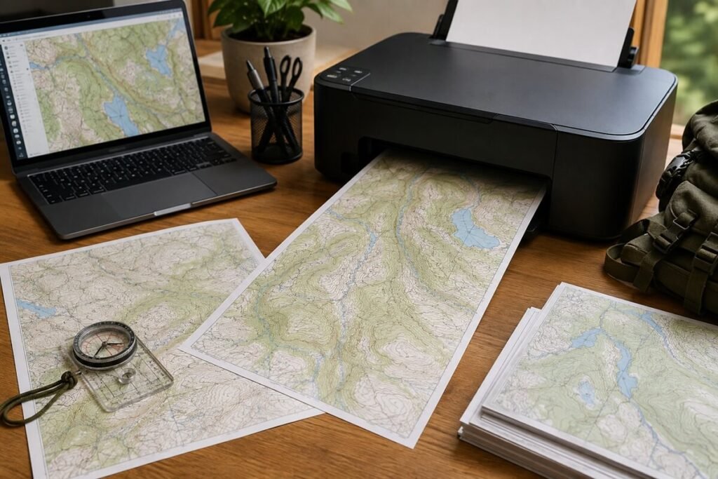 A printer producing detailed topographic maps beside a laptop, compass, backpack, and printed maps on a wooden desk.