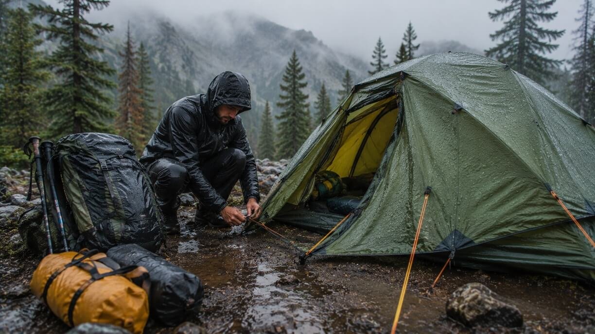 Camper setting up a waterproof tent during steady mountain rain