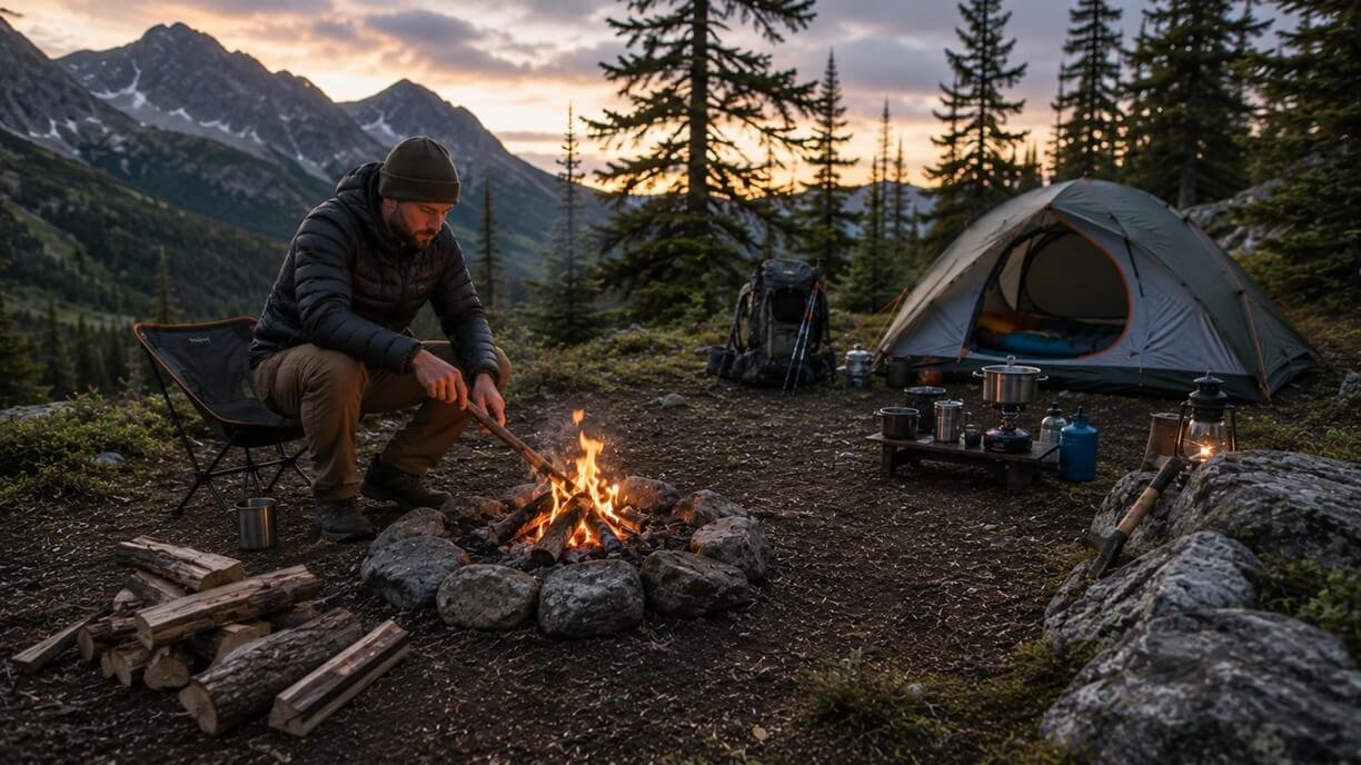 Small controlled campfire at a responsibly managed campsite