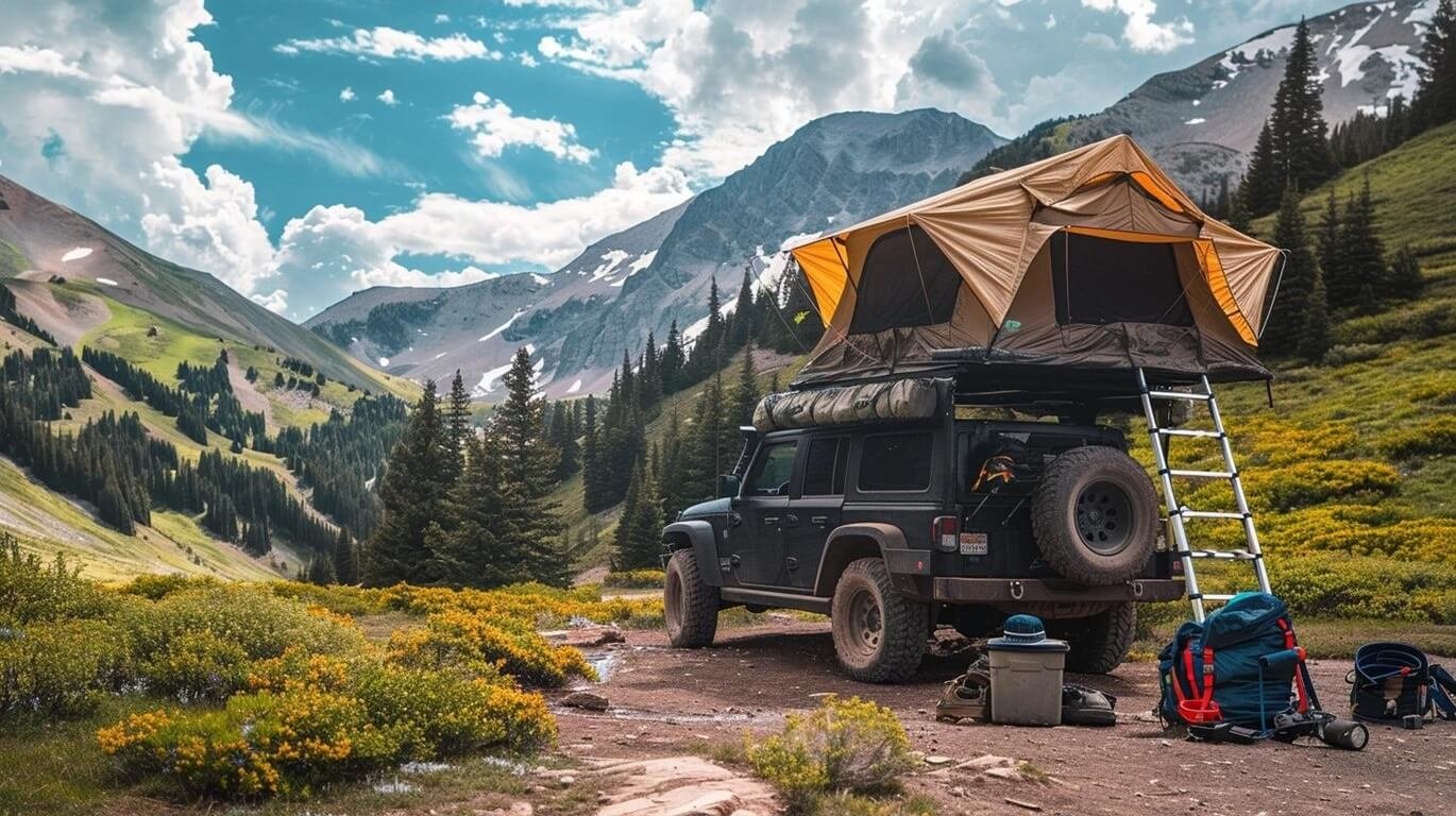 SUV with a rooftop tent and organized camping gear at a campsite.