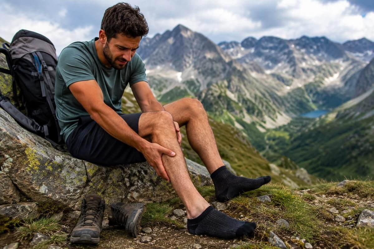 Hiker resting with sore legs after a long mountain hike