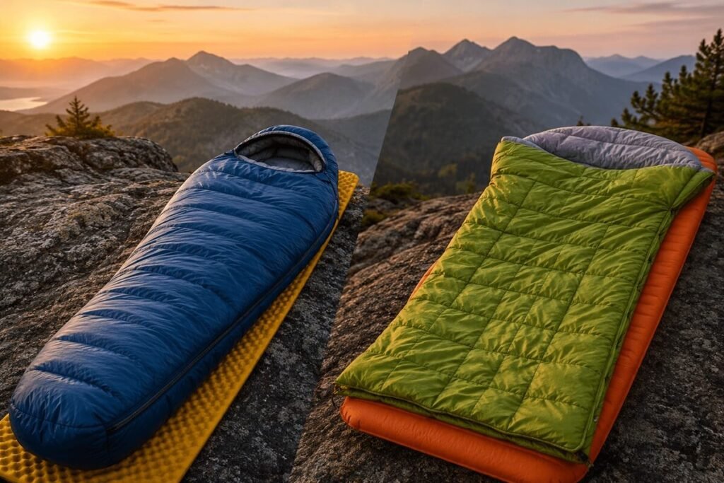 leeping bag and camping quilt side by side on sleeping pads against a scenic mountain landscape at sunset.