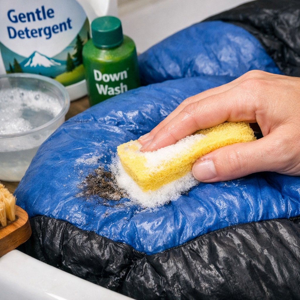 Spot cleaning a sleeping bag stain with mild detergent and soft brush.