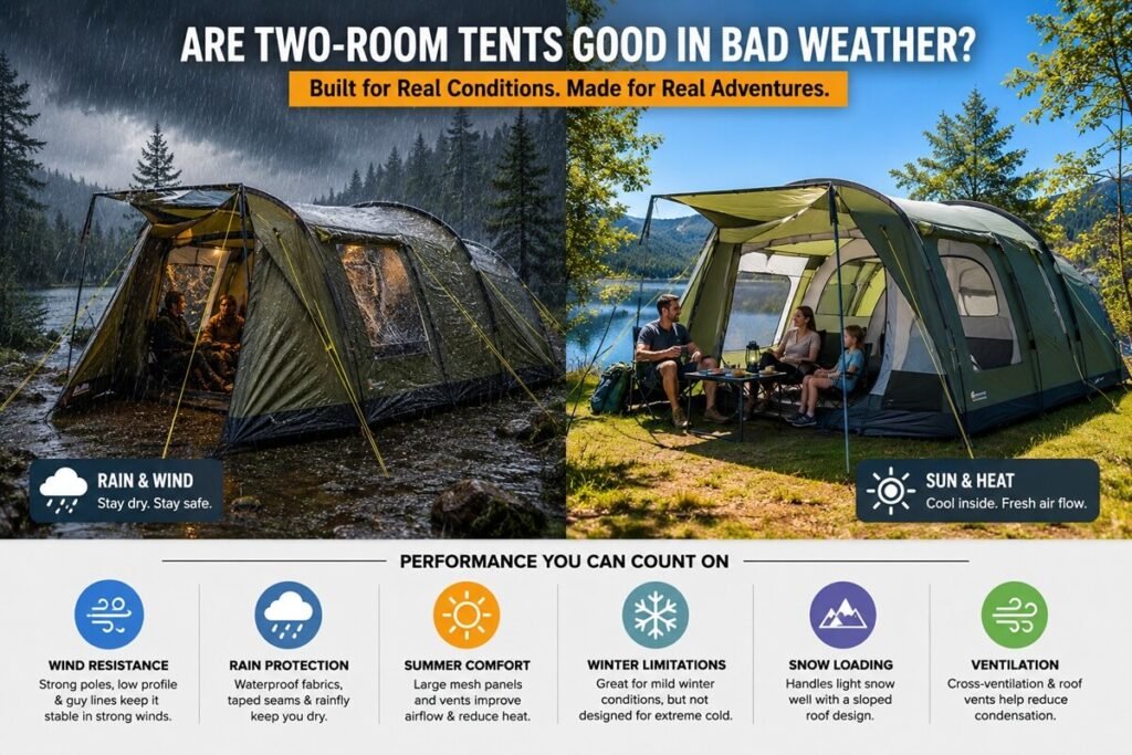 Family camping in a two-room large tent showing weather performance in heavy rain and sunny conditions, highlighting stability, ventilation, and comfort for all-season camping.