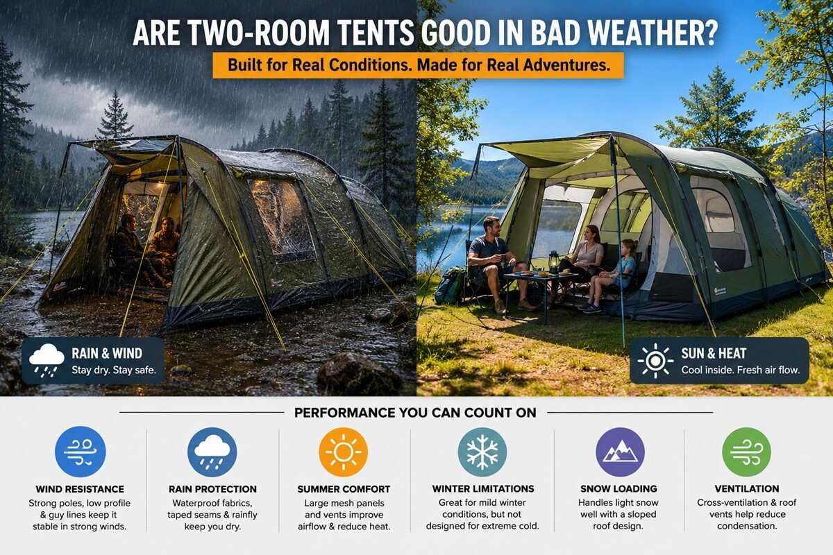 Family camping in a two-room tent showing weather performance in heavy rain and sunny conditions, highlighting stability, ventilation, and comfort for all-season camping.
