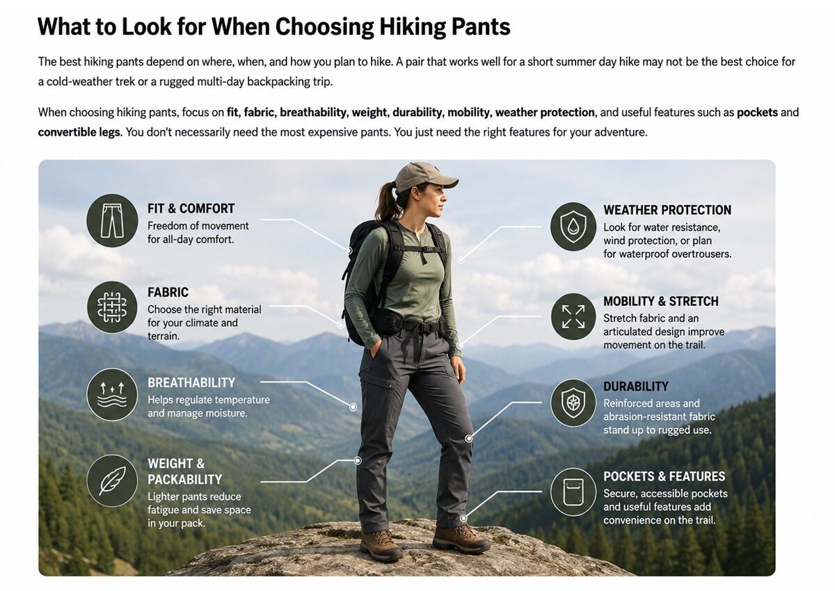 Key features to consider when choosing hiking pants, including fit, fabric, breathability, weight, mobility, durability, weather protection, and pockets