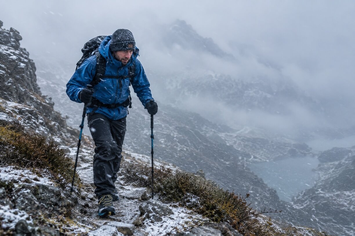 Winter hiker wearing a warm hat, hooded waterproof jacket, and waterproof hiking shoes on an exposed mountain trail in strong wind, light snowfall, and misty conditions.